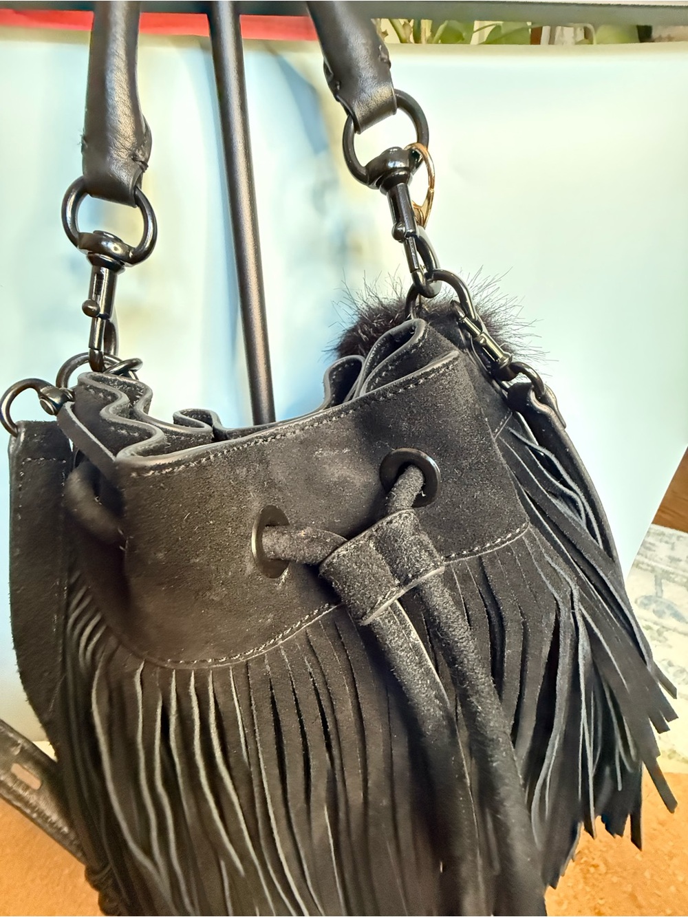Rebecca Minkoff Black Suede Fringe Drawstring Shoulder Bag